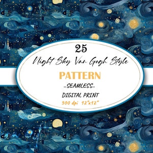 Patrón digital de cielo nocturno sin costuras, noche estrellada Van Gogh, patrón de repetición de luna y estrellas brillantes sin costuras para fondos, uso comercial