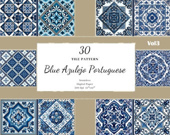 30 Portuguese Azulejo Ceramic Tiles, Blue and White Tile Digital Paper, Watercolor Seamless pattern, Blue Watercolor Azulejo, Commercial Use