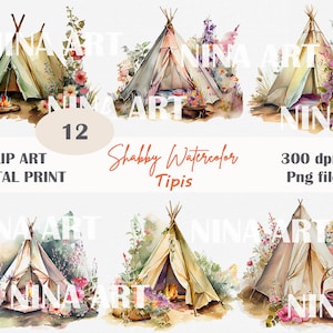 Puede incluir: Doce ilustraciones de acuarela de tipis con acentos florales. Cada tipi está rodeado de flores y vegetación. Algunos tipis tienen una fogata en el interior, mientras que otros tienen una linterna o una cesta. Las ilustraciones están en un estilo shabby chic.