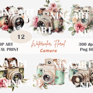 Shabby Chic Kameras Clipart, Shabby Chic Aquarell, Fotografie Kamera, Floral Clipart, Kamera Clipart, Sublimation Clipart, kommerzielle Nutzung