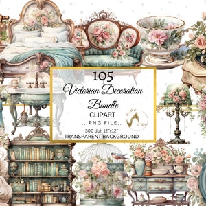 105 PNG acuarela decoración victoriana clipart, paquete png de decoración vintage, clip art de decoración de la era victoriana png, objetos antiguos vintage y superposiciones