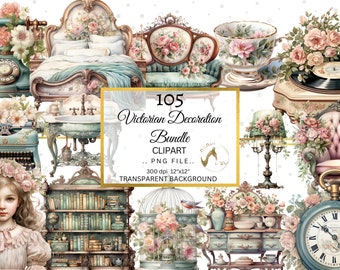 Watercolor Victorian Decor Clipart, Antique PNG Bundle (Digital Download)