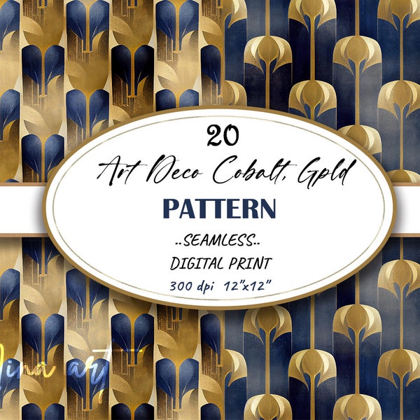 Art Deco Digital Paper, Scrapbook Paper Pack, Retro Art Deco Patterns Art Nouveau 1920s Navy Blue Gold Printable Junk Journal Commercial Use