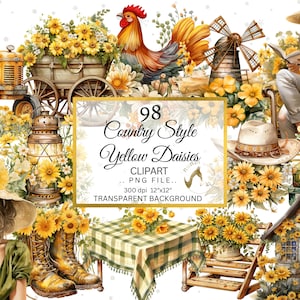 Big Country vintage Marguerites jaunes Aquarelle Clipart Bundle, Fleurs de marguerite, Scrapbook, Junk Journal, Paper Crafts Scrapbooking, Sublimation