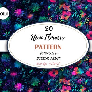 20 fiori al neon modello digitale senza cuciture, carta senza cuciture con vernice floreale al neon, download digitale di fiori luminosi al neon, licenza commerciale