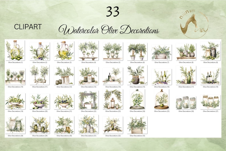 Watercolor Olive Decorations Clipart, Decor clipart, Wedding Clipart, White Candles Clipart, Wedding Centerpiece, White and Green Clipart image 4