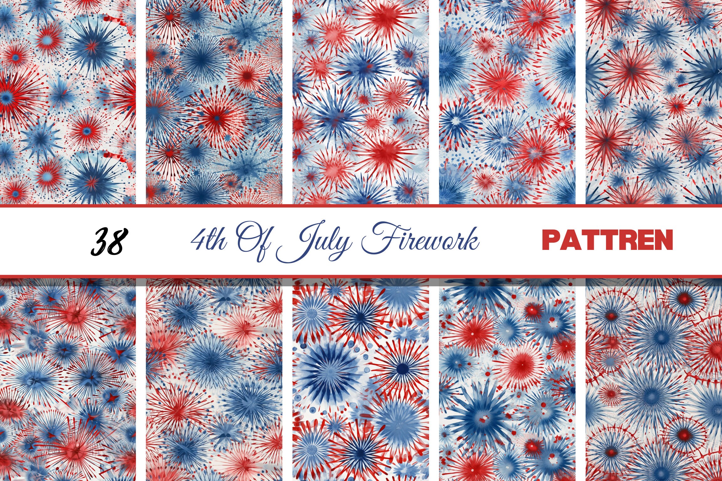 4th of July Fireworks Seamless Digital Paper, Blue and Red Fireworks ...