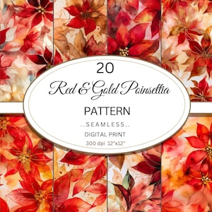 Red and Gold Floral Paper, Christmas Red paper Floral Digital Scrapbook, Red Flowers Journal Paper Shabby notebook paper, Autumn Colors