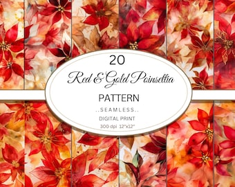 Red Gold Floral Paper, Autumn Scrapbook Patterns (Digital Download)