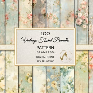 100 Vintage Blumenmuster-Bündel, Shabby Floral gemalte Hintergründe. Digital, 12x12, Journal Pages, Scrapbooks, Hochzeit JPG, kommerzielle Nutzung