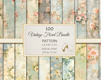 100 Vintage Floral Patterns, Shabby Chic Backgrounds (JPG Digital Download)