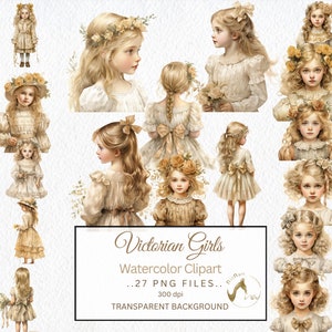 Victorian Little Girl Watercolor Clipart Bundle PNG Beige Vintage Girl Art Card Graphic Crafting Paper Junk Journal Pages Scrapbook Download