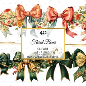 May include: Digital clipart featuring 40 floral bows in various styles and colors. The bows include floral patterns, solid colors, and ribbons. The image also includes text that reads "40 Floral Bows" and "Clipart PNG File, 300 dpi, Transparent Background."
