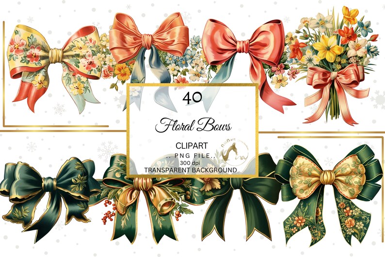 May include: Digital clipart featuring 40 floral bows in various styles and colors. The bows include floral patterns, solid colors, and ribbons. The image also includes text that reads "40 Floral Bows" and "Clipart PNG File, 300 dpi, Transparent Background."