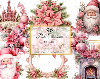 Watercolor Pink Christmas Clipart PNG Bundle, Pink Winter Christmas Card Clipart, Pink Christmas, Pink Holiday, Pink Xmas png, Pink Santa