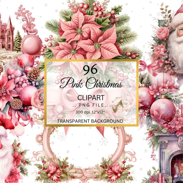 Watercolor Pink Christmas Clipart PNG Bundle, Pink Winter Christmas Card Clipart, Pink Christmas, Pink Holiday, Pink Xmas png, Pink Santa