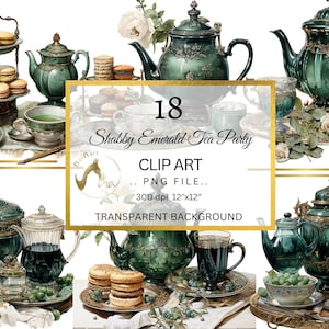 Vintage theepot digitale clipart, shabby Emerald Tea Party, Floral theeservies clipart, theepot clipart, aquarel theeservies, cupcake, koekjes pot
