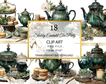 Emerald Tea Party clipart, shabby chic theepot set (digitale download)