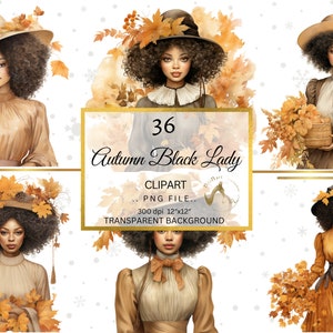 Paquete de imágenes prediseñadas de acuarela floral de otoño de dama africana, chica victoriana, PNG transparente, descarga digital, fabricación de tarjetas, diario basura de álbum de recortes