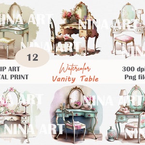 May include: A set of 12 watercolor illustrations of vintage vanity tables with ornate mirrors, chairs, and floral accents. The tables are painted in shades of blue, green, and white.