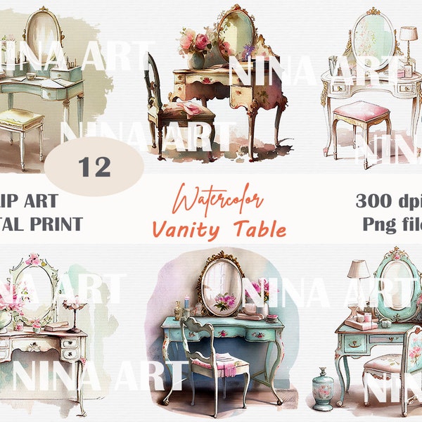 Watercolor Shabby Chic Makeup Table Digital Clipart, Shabby Chic Papers, Vanity Table, Floral Clipart, Vanity Clipart, Makeup set, Mirror