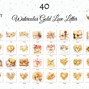 Op de afbeelding: Een verzameling van 40 aquarel clipart afbeeldingen met gouden en gele bloemmotieven, enveloppen, harten en vintage elementen. De tekst "Watercolor Gold Love Letter" staat bovenaan, met het woord "Clipart" boven de afbeeldingen.