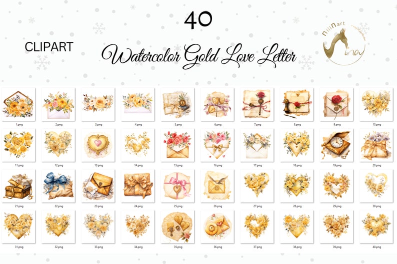 Op de afbeelding: Een verzameling van 40 aquarel clipart afbeeldingen met gouden en gele bloemmotieven, enveloppen, harten en vintage elementen. De tekst "Watercolor Gold Love Letter" staat bovenaan, met het woord "Clipart" boven de afbeeldingen.