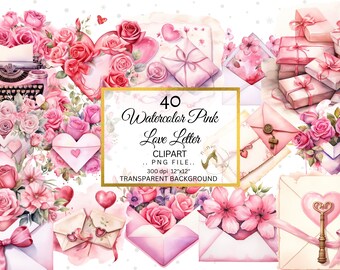 Pink Love Letter Clipart, Watercolor Roses, Hearts (PNG)