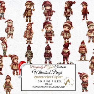 Watercolor Whimsical Boys, Whimsical Ephemera, Christmas Boys Watercolor Clipart, Christmas Boy PNG, Burgundy Ugly Sweater Christmas Clipart