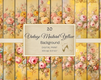 Carta digitale con rose gialle vintage, scrapbooking (download digitale)