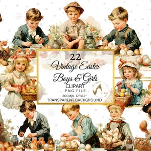 Ragazzi e ragazze retrò in bundle di clipart di Pasqua, clipart vintage, clipart di Pasqua, clipart di uova di Pasqua, sfondo trasparente, clip art vintage