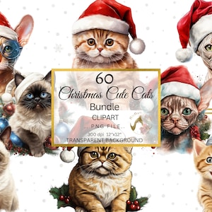 Weihnachten Katzen Clipart Bundle, Katzenrassen Aquarell Clipart, Katzenliebhaber Geschenk, Kätzchen Clipart, Haustier Clipart, Weihnachtscliparts