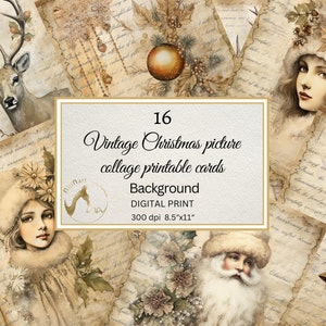 Carte stampabili collage di immagini natalizie vintage Atc, set di carte digitali per decoupage di Natale, set di carta per scrapbooking natalizia beige