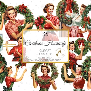 Retro Vintage 1950s Clipart, Christmas Housewife Clipart PNG, Christmas Wreath, Scrapbooking Journals, Digital Download Clipart, Paper Craft