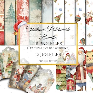 Watercolor Christmas Clipart Bundle, Shabby Tags, Seamless Paper (PNG JPG)