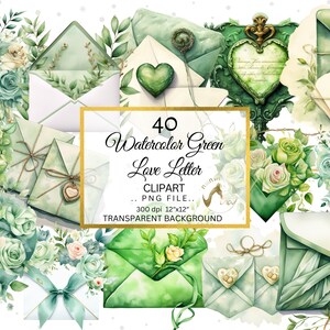 Sobre de acuarela verde con clip art de flores, imágenes prediseñadas de correo de cartas de amor, sobre floral de acuarela, descarga digital PNG, imágenes prediseñadas de corazón