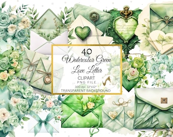 Op de afbeelding: Een set van 40 aquarel groene liefdesbrief clipart afbeeldingen. De afbeeldingen bevatten enveloppen, harten, rozen en andere romantische elementen. De afbeeldingen zijn 300 dpi en 12 inch bij 12 inch. Ze hebben een transparante achtergrond.