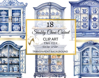 Shabby China Cabinet Clipart, Blue and White Porcelain, 18 PNG Images (Digital Download)