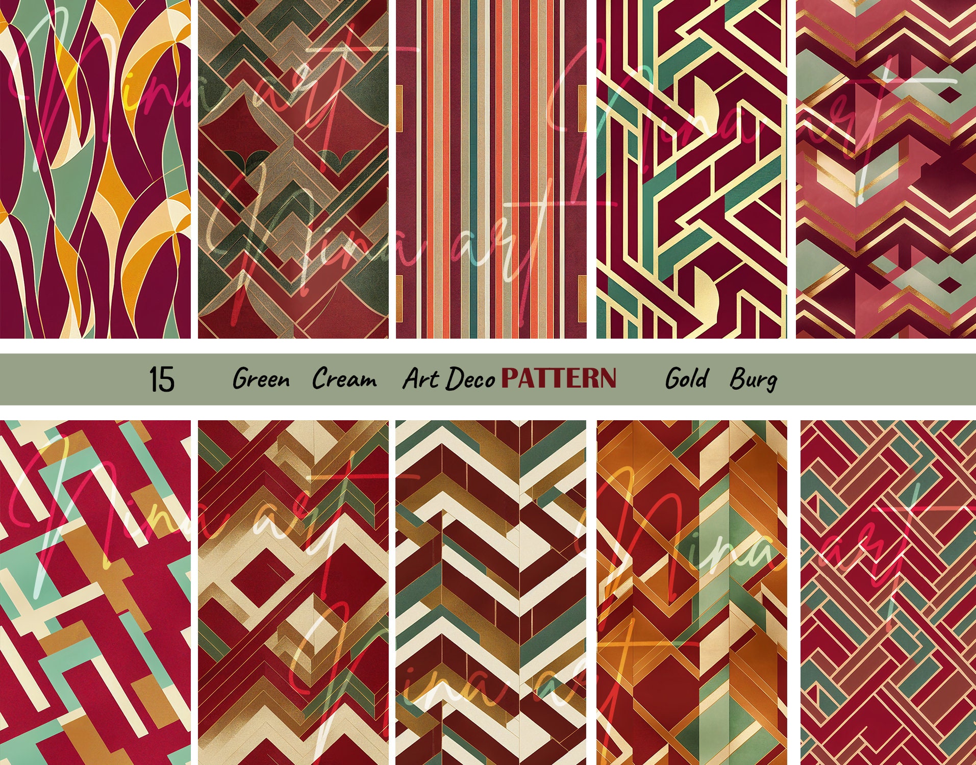 15 Burgundy Green Cream Gold Art Deco Digital Paper Seamless - Etsy
