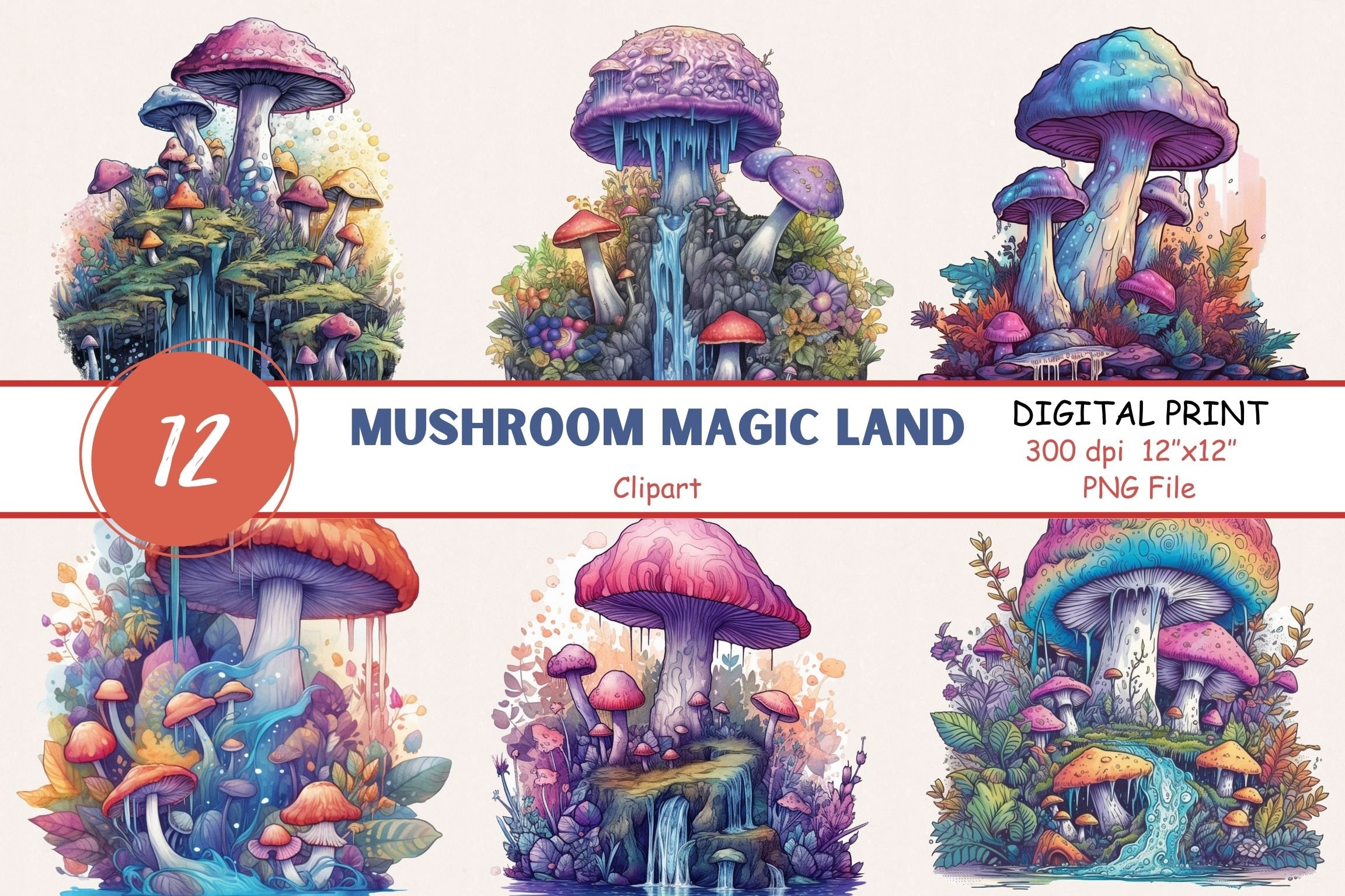 Rainbow Mushroom Clipart, Enchanted Forest PNG, Digital Prints 