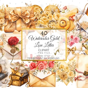 Op de afbeelding: Watercolor clipart set met gouden rozen, enveloppen en geschenkdozen. De afbeelding bevat de tekst "40 Watercolor Gold Love Letter Clipart PNG file 300 dpi 12"x12" Transparent Background."