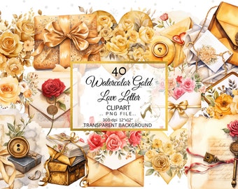 Op de afbeelding: Watercolor clipart set met gouden rozen, enveloppen en geschenkdozen. De afbeelding bevat de tekst "40 Watercolor Gold Love Letter Clipart PNG file 300 dpi 12"x12" Transparent Background."