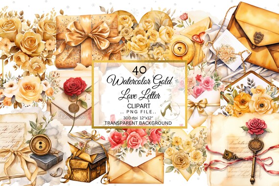 Watercolor Gold Envelope Clipart, Love Letter PNG (Digital Download)