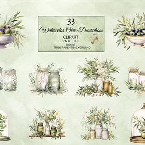 Watercolor Olive Decorations Clipart, Decor clipart, Wedding Clipart, White Candles Clipart, Wedding Centerpiece, White and Green Clipart image 7