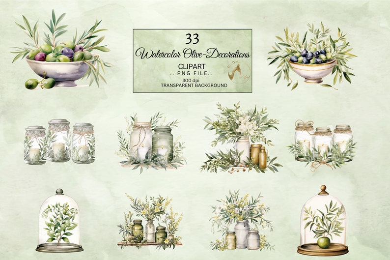 Watercolor Olive Decorations Clipart, Decor clipart, Wedding Clipart, White Candles Clipart, Wedding Centerpiece, White and Green Clipart image 7