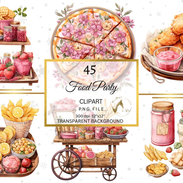 Party Food clipart, Pink party clipart, happy new year, carnival clipart, sweets png, Watercolor Fast food clipart, 45 High resolution PNGs