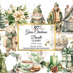 Aquarel groene kerst clipart PNG bundel, gezellige kerst, groene clipart, Cottagecore clipart, eigenzinnigheid, kaartmaken, scrapbooking dagboek