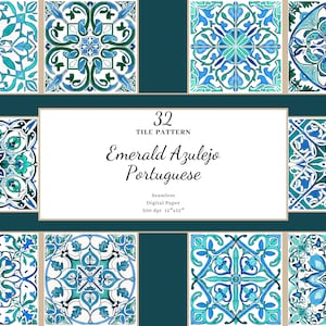 Emerald Green Light Blue Azulejo Portuguese Tiles Digital Paper, Maroc Majolica Tiles, Carreaux méditerranéens, papier numérique, Utilisation commerciale