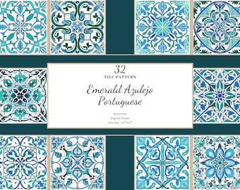 Emerald & Blue Azulejo Tile Patterns, Portuguese Digital Paper (JPG)