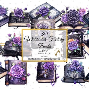 Watercolor Fantasy Books Clipart, Gothic Books Watercolor Clipart, Watercolor Floral Books Clip art, Watercolor Enchanting Books PNG